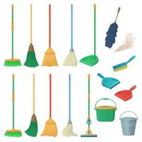 Cartoon household equipment set. A broom sweeps dust and dirt on scoop. mop or swab, feather duster, plastic bucket.Cleaning services, concept. Objects isolated white background. Stock vector