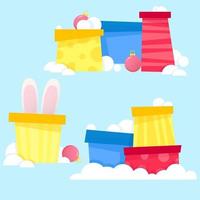 Set of bunny ears gift boxes in different colors and snow in honor of christmas 2023 vector