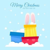 Multicolored set of christmas gifts with bunny ears and falling snow vector