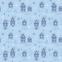 Nordic pattern with houses and snowflakes. New Year vector flat illustration. Winter background.