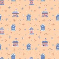 patrón sin costuras de navidad con ciudad de invierno. casa azul dibujada a mano y copo de nieve sobre un fondo beige vector
