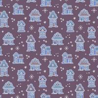 Winter seamless pattern with snow-covered house. Night Christmas village. Vector illustration.
