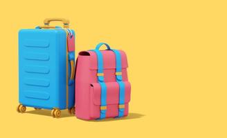 3d rendering. Multicolored suitcase and tourist backpack on yellow background with space for text. photo