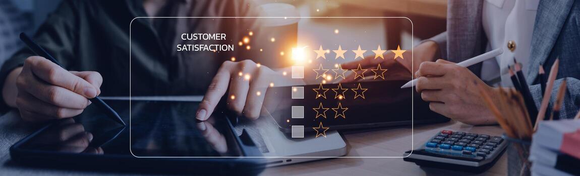 Customer review satisfaction feedback survey concept, User give rating to service experience on online application, Customer can evaluate quality of service leading to reputation ranking of business. photo