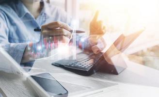 Businessman hands working with finances about cost and calculator and laptop with tablet, smartphone at office in morning light photo