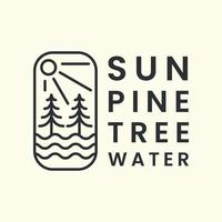 diseño de ilustración de plantilla de emblema de vector de logotipo de arte de línea de árbol de pino. sol, concepto de logo de agua