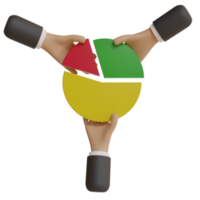 3d trois mains d'affaires et trois morceaux de graphique à secteurs différents, concept de pourcentage de partage des bénéfices différent, diagramme à secteurs png