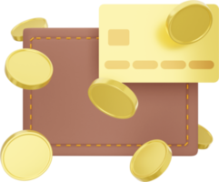 Wallet with flying coins and credit card. PNG icon on transparent background.