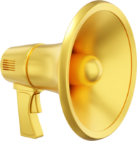 Megaphone realistic gold. PNG icon on a transparent background. 3D rendering.