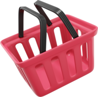 cesta de la compra voladora roja de plástico con asas. icono png sobre fondo transparente. representación 3d