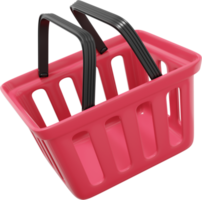 cesta de la compra voladora roja de plástico con asas. icono png sobre fondo transparente. representación 3d