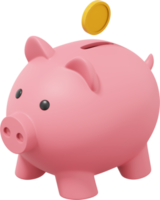 Pink piggy bank, dropping coins. PNG icon on transparent background. 3D rendering.