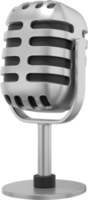 Retro Microphone. Minimalist cartoon.  Silver PNG isolated icon on transparent background. 3D rendering.