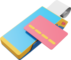 Payment Machine. NFC POS Terminal GPRS point with Paper Receipt and a credit card. Mockup screen. PNG on a transparent background. 3D rendering.