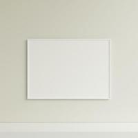 Clean and minimalist front view horizontal white photo or poster frame mockup hanging on the wall. 3d rendering.