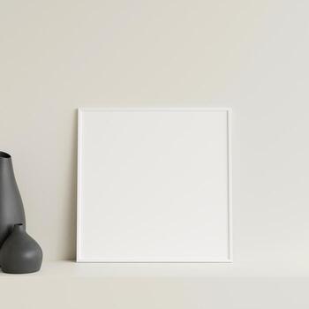 Minimalist front view square white photo or poster frame mockup leaning against wall on table with vase. 3d rendering.