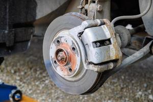 the hub of the front wheel of a jacked car during a tire change photo