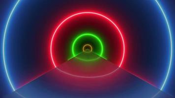 An endless VJ tunnel of circle shaped neon lights in coming towards the viewer. A composition with a real retro feel. Loops seamlessly.