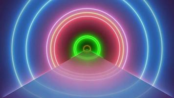 An endless VJ tunnel of circle shaped neon lights in coming towards the viewer. A composition with a real retro feel. Loops seamlessly.