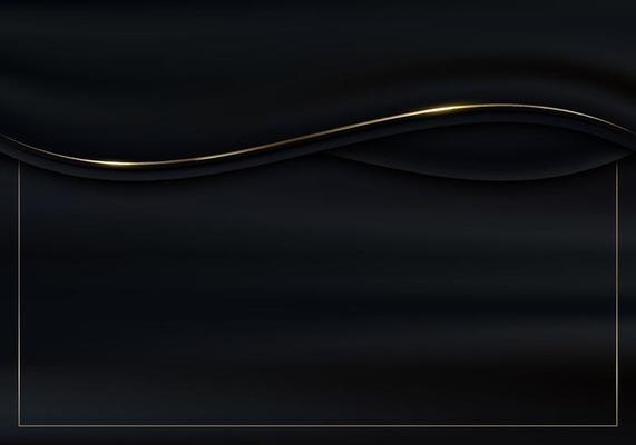 Abstract 3D luxury black color fabric satin wave lines with shiny gold curved line decoration and golden frame glitter lighting on dark background