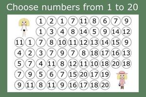 The task is to go through a maze of numbers from 1 to 20. Educational exercises for preschool children vector