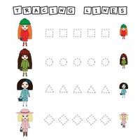 Tracing lines game with beauty dolls. Worksheet for preschool kids, kids activity sheet, printable worksheet vector