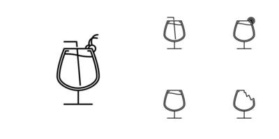 cinco conjuntos de iconos de línea de vidrio snifter. con paja y limón. simple, línea, silueta y estilo limpio. en blanco y negro. adecuado para símbolos, signos, iconos o logotipos vector