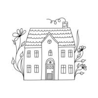 Small cute black and white doodle house with floral elements. Coloring page. vector