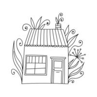 pequeña y linda casa de garabatos en blanco y negro con elementos florales. página para colorear vector