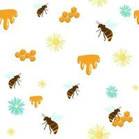 bees on white with flower honey comb seamless pattern vector