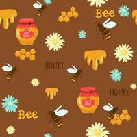 Seamless pattern with honey jar, sunflower, leaves and spoon on a dark background. Honey products. Great for textiles, wrapping paper, wallpapers vector