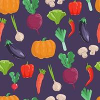 Seamless pattern with hand drawn colorful doodle vegetables. Sketch style vector set. Vegetables flat icons set pumpkin, beetroot, leek, champignon mushrooms, radish, carrot, pepper, lettuce