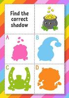 Find the correct shadow. Education developing worksheet for kids. Puzzle game. Activity page. cartoon character. Vector illustration. St. Patrick's day.