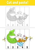 Learning numbers 1-5. Cut and glue. cartoon character. Education developing worksheet. Game for kids. Activity page. Color isolated vector illustration.
