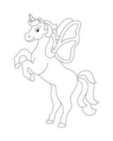 Beautiful unicorn with wings reared up. Coloring book page for kids. Cartoon style character. Vector illustration isolated on white background.