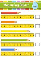 Measuring object with ruler. Education developing worksheet. Game for kids. Color activity page. Puzzle for children. Cute character. Vector illustration. cartoon style.