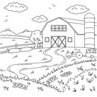 Wonderful natural landscape on farm. Coloring book page for kids. Cartoon style. Vector illustration isolated on white background.