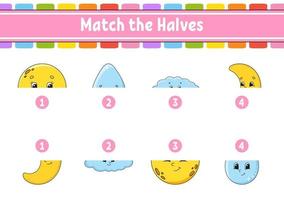 Match the halves. Education developing worksheet. Matching game for kids. Color activity page. Riddle for children. Cute character. Vector illustration. Cartoon style.