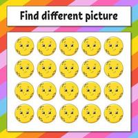 Find different picture. Educational activity worksheet for kids and toddlers. Game for children. Vector illustration.