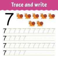 Learn Numbers. Trace and write. Handwriting practice. Learning numbers for kids. Education developing worksheet. Color activity page. Vector illustration.