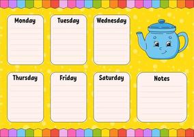 School schedule. Timetable for schoolboys. Empty template. Weekly planer with notes. Isolated color vector illustration. cartoon character.