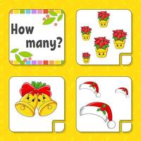 Counting game for children. Happy characters. Learning mathematics. How many object in the picture. Education worksheet. Christmas theme. Isolated vector illustration in cute cartoon style.