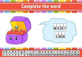 Complete the words. Cipher code. Learning vocabulary and numbers. Education worksheet. Activity page for study English. Isolated vector illustration. cartoon character.