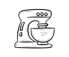 batidora de pie de cocina dibujada a mano. dispositivo doméstico para mezclar ingredientes en un bol, aparato de cocina electrónico. ilustración vectorial plana en estilo garabato. vector