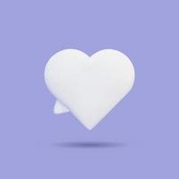 icono de burbuja de voz 3d blanco en blanco. cuadro de mensaje en forma de corazón de dibujos animados aislado sobre fondo púrpura. redes sociales, chatear. elemento de diseño vectorial realista. vector