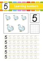 Trace and write numbers. Handwriting practice. Learning numbers for kids. Education developing worksheet. Activity page. Vector illustration.