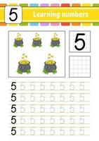 Trace and write numbers. Handwriting practice. Learning numbers for kids. Education developing worksheet. Activity page. Vector illustration.