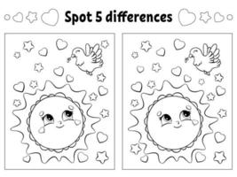 Find five differences. Coloring page for kids. Activity worksheet for children. Vector illustration isolated on white background.