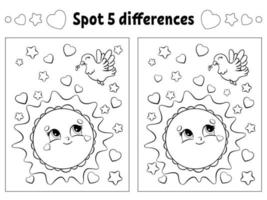 Find five differences. Coloring page for kids. Activity worksheet for children. Vector illustration isolated on white background.