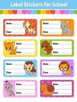 Name and class. Back to school labels. Set stickers for notebook. Bright stickers. Rectangular label. Cute characters. Color vector isolated illustration.